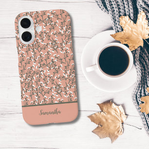 Geborduurd Boho Koraal Perzik Groen Wit Bloemmotie iPhone 16 Pro Hoesje