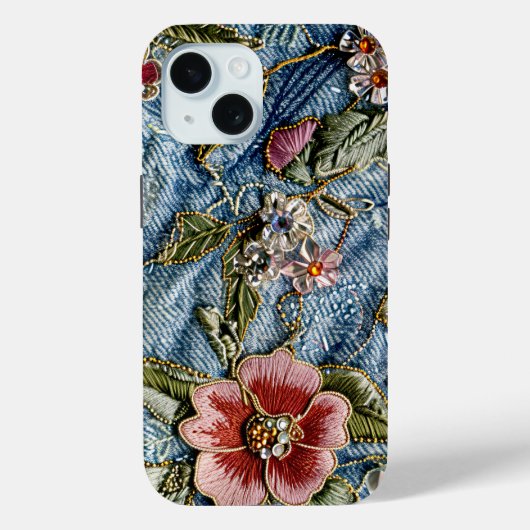 Geborduurd juweel bloemendenim textuur Case-Mate iPhone case (Achterkant)