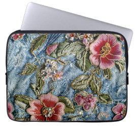 Geborduurd juweel bloemendenim textuur laptop sleeve