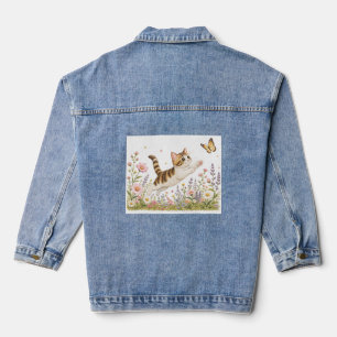 Geborduurd Kitten dat Vlinder najaagt in Bloemenwe Denim Jacket