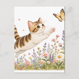 Geborduurd Kitten dat Vlinder najaagt in Wilde Blo Briefkaart