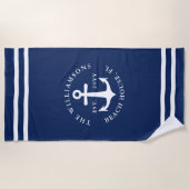 Geborduurd Licht Navy Blauwe Witte Anker Nautisch Strandlaken (Voorkant)