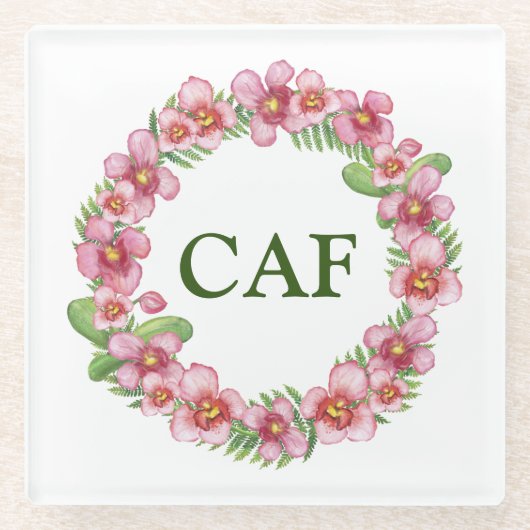 Geborduurd Roze Groen Bloemenguillotine Glazen Onderzetter (Voorkant)