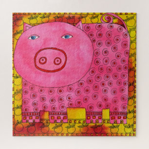 Geborduurd Varken Waterverf Illustratie Legpuzzel
