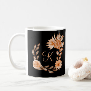 Geborduurd Zwart Bruin en Perzik Bloemmotief Koffiemok