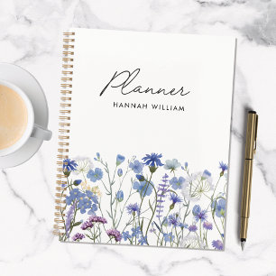 Geborduurde Blauwe Aquarel Wilde Bloementuin Planner