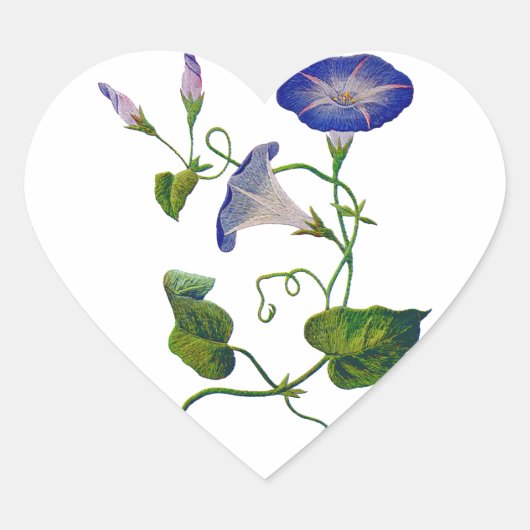 Geborduurde Blauwe Morning Glories Hart Sticker (Voorkant)