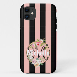 Geborduurde bloemen en zwart roze strepenpatroon iPhone 11 hoesje