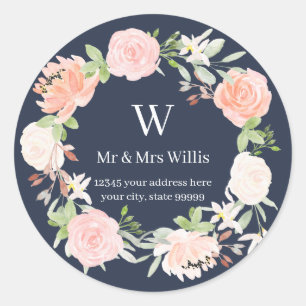 Geborduurde Blush Blauwe Roos Bloem Retouradres Ronde Sticker