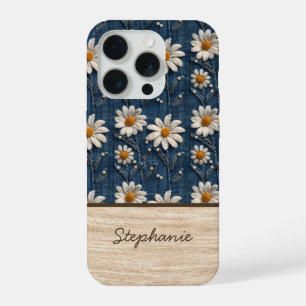 Geborduurde Daisy Denim Hoesje voor Telefoon met N iPhone 15 Pro Hoesje