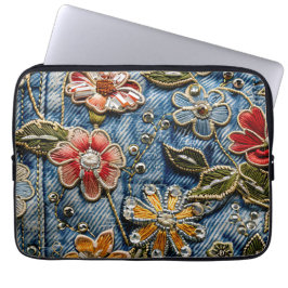 Geborduurde denim bloemen in geel, rood en blauw laptop sleeve
