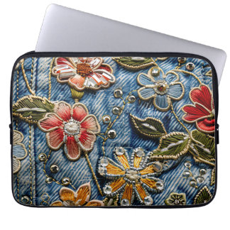 Geborduurde denim bloemen in geel, rood en blauw laptop sleeve