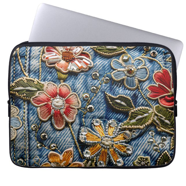 Geborduurde denim bloemen in geel, rood en blauw laptop sleeve (Voorkant)