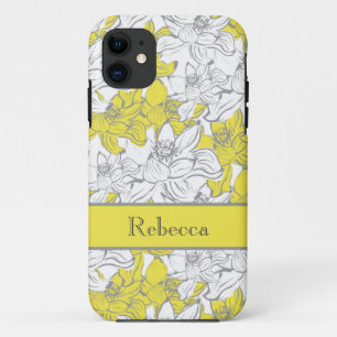 Geborduurde gele en grijze bloem iPhone 11 hoesje