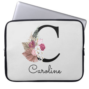 Geborduurde Initiaal C Roze Boho Meisjesachtig Blo Laptop Sleeve