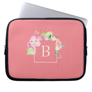 Geborduurde initiële abstracte & roze koraal bloem laptop sleeve