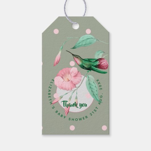 Geborduurde Kolibrie Roze Mint Bloem Geschenklabel Cadeaulabel (Voorkant)