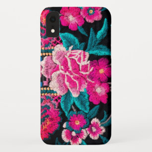 Geborduurde look bloemenboho zwart roze iPhone XR hoesje