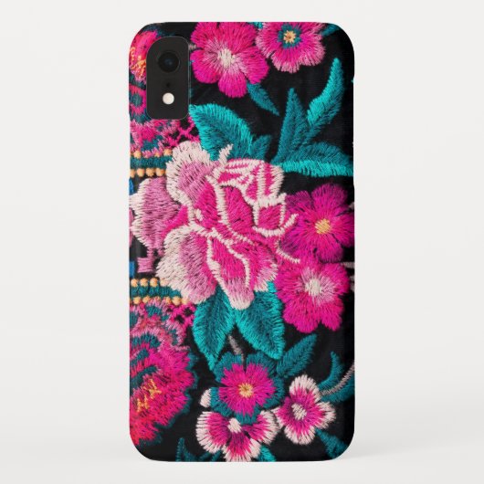 Geborduurde look bloemenboho zwart roze Case-Mate iPhone case (Achterkant)