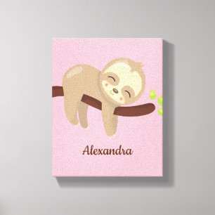 Geborduurde Mop Baby Luiaard op Boom Roze Kinderka Canvas Afdruk