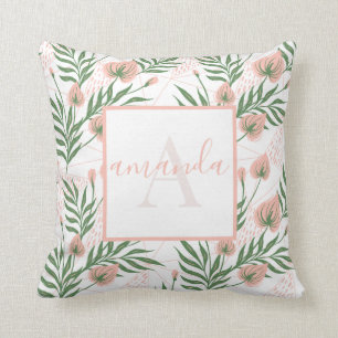 Geborduurde naam bloemen roze groen pastel patroon kussen