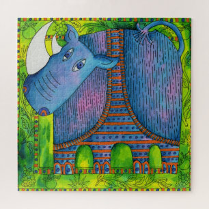 Geborduurde Neushoorn Aquarel Illustratie Legpuzzel