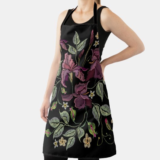 Geborduurde Paarse irissen zwarte achtergrond. Schort (Insitu)