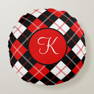 Geborduurde Rood Zwart Wit Argyle Schotse Ruit Rond Kussen