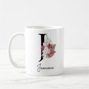 Geborduurde Roze Bloem Initial J Koffiemok