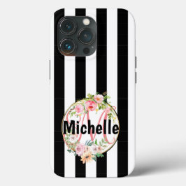 Geborduurde roze bloemen zwart-wit gestreept iPhone 13 pro hoesje