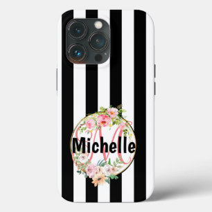 Geborduurde Roze Bloemrijke Chic Zwart & Wit Gestr iPhone 13 Pro Hoesje