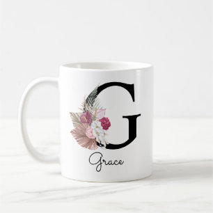 Geborduurde Roze Boho Bloem Initial G Koffiemok