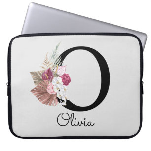 Geborduurde Roze Boho Meisjesachtige Bloem Initial Laptop Sleeve