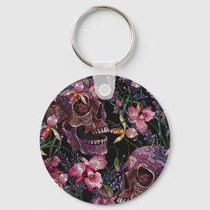Geborduurde schedel: Gotisch Orchidee Patroon Sleutelhanger