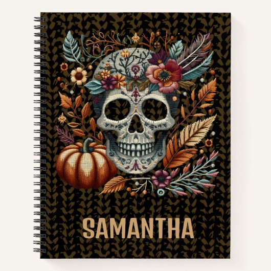 Geborduurde Sugar Skull Herfst Flowers Pastel Goth Notitieboek (Voorkant)