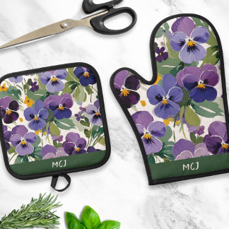 Geborduurde viooltjes Bloemen Mooie Bloempatroon Ovenwant & Pannenlap Set
