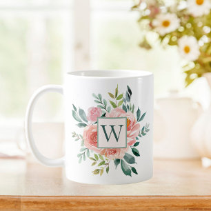 Geborduurde Waterverf Roze Roos en Pioenbloemen Koffiemok