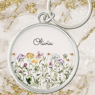 Geborduurde Waterverf Tuin met Wilde Bloemen Sleutelhanger