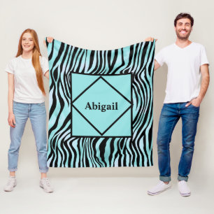 Geborduurde zebraprint zwart en turquoise fleece deken