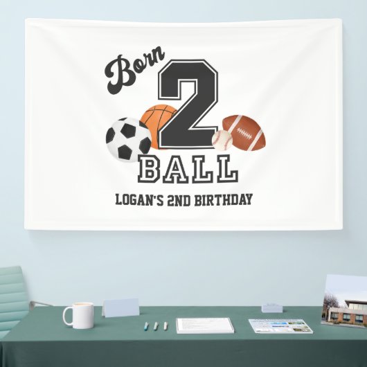 Geboren 2 Ball Sport Thema Jongen Tweede Verjaarda Spandoek (Beurs)