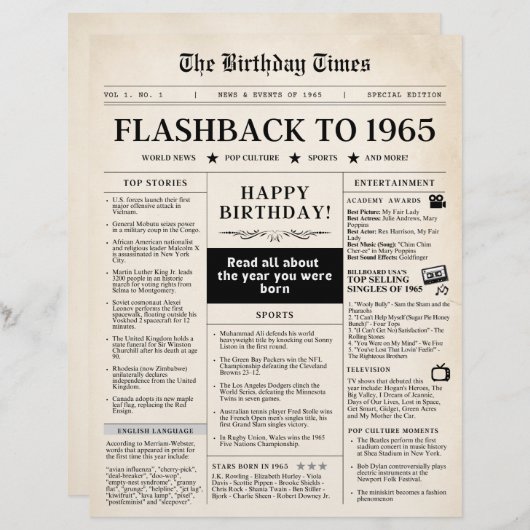 Geboren in 1965 Mock Newspaper voor 60e verjaardag (Voorkant / Achterkant)