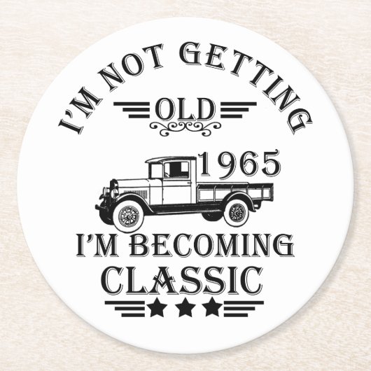 Geboren in 1965 verjaardagscadeau ronde kartonnen onderzetter (Voorkant)