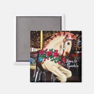 Geboren in Sparkle Carousel Horse met Rozen Foto Magneet