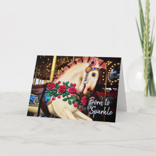 Geboren in Sparkle Carousel Horse Photo Calligraph Kaart