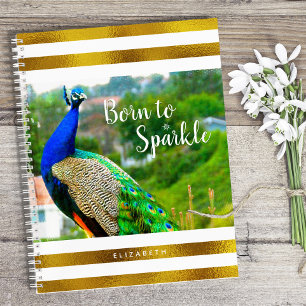 Geboren in Sparkle Chic Peacock   Goudwitte strepe Notitieboek