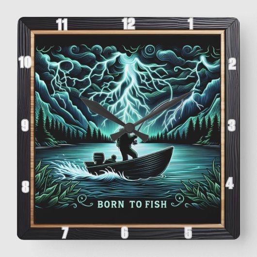 Geboren om te vissen Aquatic Lightning Vierkante Klok (Voorkant)