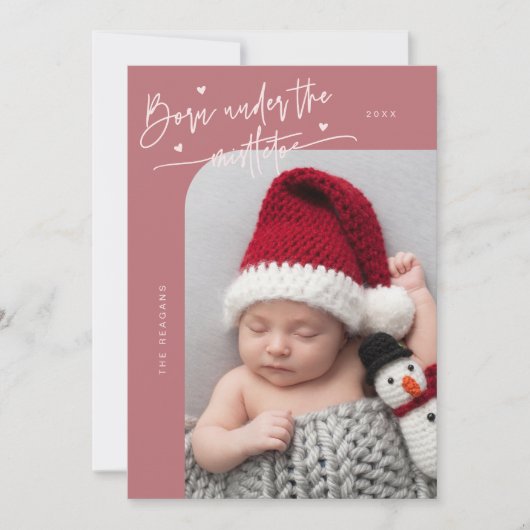 Geboren onder Mistletoe Roze Geboorteaankondiging Aankondiging (Voorkant)