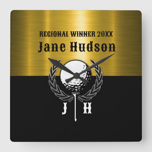 Geborsteld Goud Custom Golf Monogram Ontwerp Vierkante Klok (Voorkant)