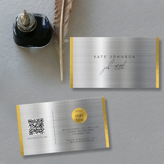 Geborsteld Metaal Goud Handtekening Script QR Code Visitekaartje