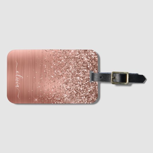 Geborsteld Metaal Roze Goud Roze Glitter Monogram Bagagelabel (Voorkant (horizontaal))